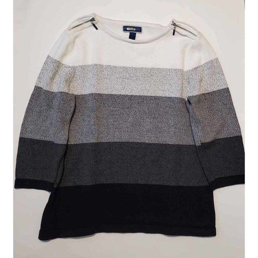 Women's Large Karen Scott Gradient White to Black Sweater Top Zipper Detail